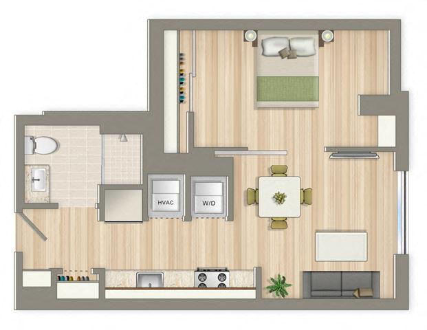 Floor plan for 1 bed, 1 bath, 585 sqft